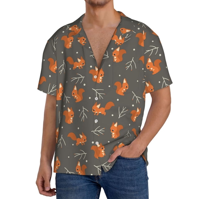Bingfone cute fall fox leaf for Men's Cuban Collar Short Sleeve Shirt with Pocket Button Down Cardigan Summer Shirt-X-Large