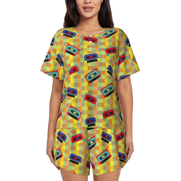 Balery 90s Audio Tape Conjunto de Pijama para Mujer con Estampado, Dos Piezas de Manga Corta y Shorts, Ropa de Dormir Suave con Cuello Redondo y Bolsillos-Small