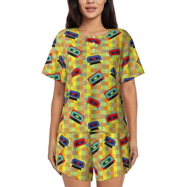 Fotbe 90s Audio Tape Conjunto de Pijama Estampado para Mujer, 2 Piezas, Ropa de Dormir con Camiseta de Manga Corta y Shorts Suaves-Small