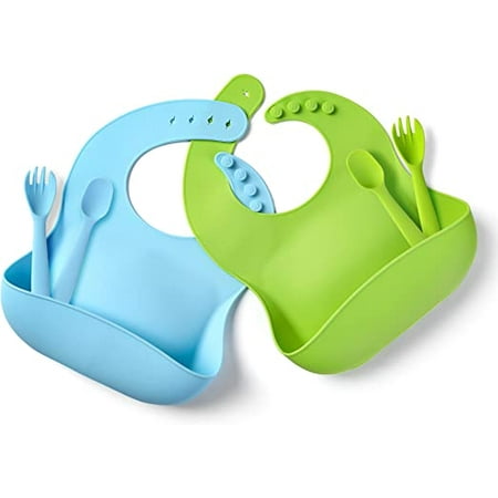

Cibeat 2 Pack Silicone Bibs with Spoon Fork Adjustable Waterproof Bibs Soft Bibs with Food Catcher Pocket