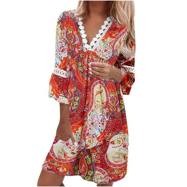 Vestidos informales de verano para mujer, túnica de fiesta de manga 3/4, vestido a media pierna con cuello en V informal bohemio con estampado de Cachemira y encaje con cuello en V Fridja yut3341