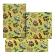Birthday Wrapping Paper PresNok for Boys Girls Kids, Cool Pirates Treasure Ship Island Parrot Yellow Gift Wrap Paper for Birthday Party Baby Shower, 4 Sheets Folded Flat 20x28 Inches Per Sheet