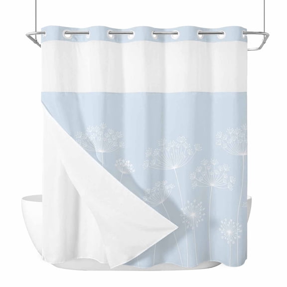 No Hook Shower Curtains with Snap-in Liner Set, Blue Dandelion Waterproof Hotel Style Bathroom Shower Curtain, Spring Modern Minimalist Country Flower Breathable Mesh Top Bath Curtains 72''x72''