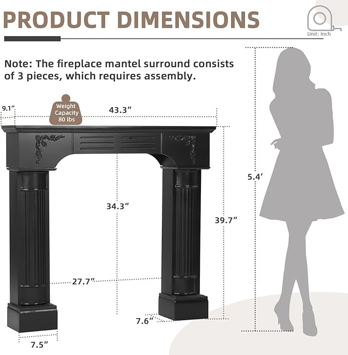 EPICOZY 43.3" Fireplace Mantel, Freestanding Fireplace Surround with Leg for Electric Fireplaces, MDF Mantel Surround with Shelf for Living Room with Decorative Pattern, Anti-Tipping & Waterproof