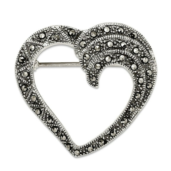 925 Sterling Silver Textured Oxidized Marcasite Love Heart Pin 32x33mm Wide Brooches and Pin for Women