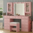 thumbnail image 3 of Vanity With Power Outlet, Vanity Desk With Mirror And 10 LED Lights, Makeup Vanity With 12 Drawers And 2 Cabinets, Fold-Up Panel, Glass Top Vanity Table With Chair For Bedroom, 3 of 10