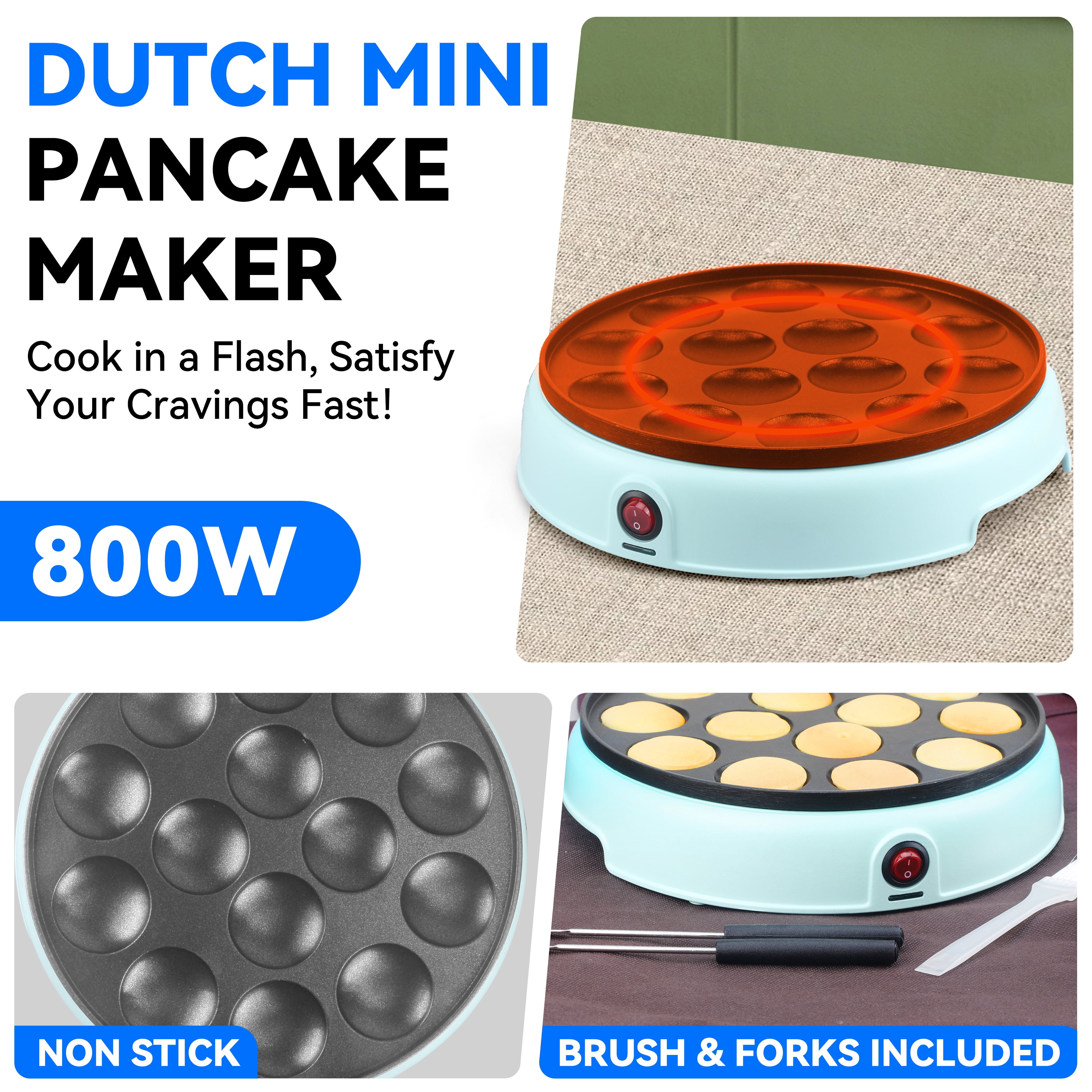 Mailand  Electric Dutch Pancakes Maker, 14 x 1.8" Holes Mini Pancakes Machine, Non Stick Coating, Aqua
