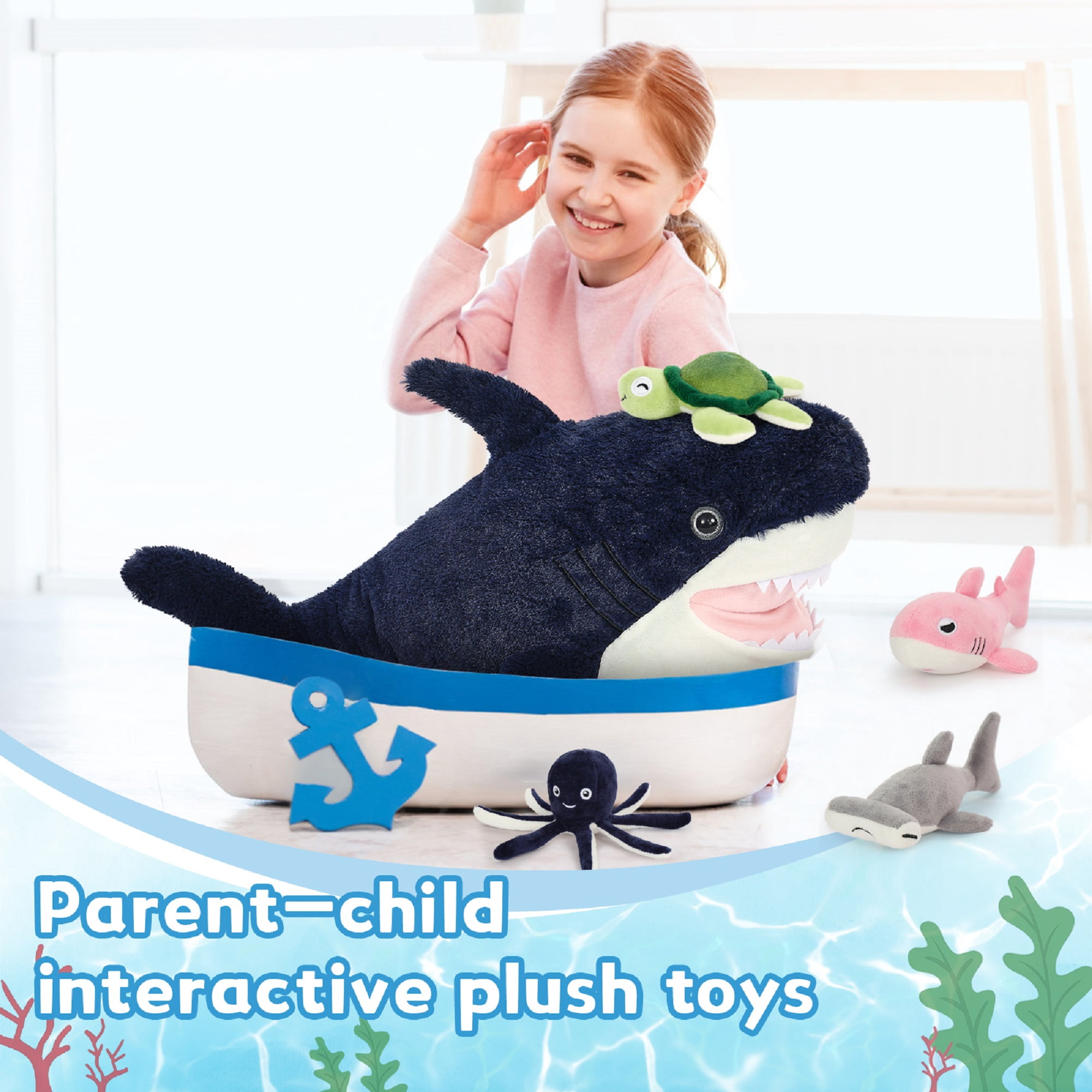 MaoGoLan 23.5" Giant Shark Plush with 4 Small Stuffed Sea Animals Plush Toy