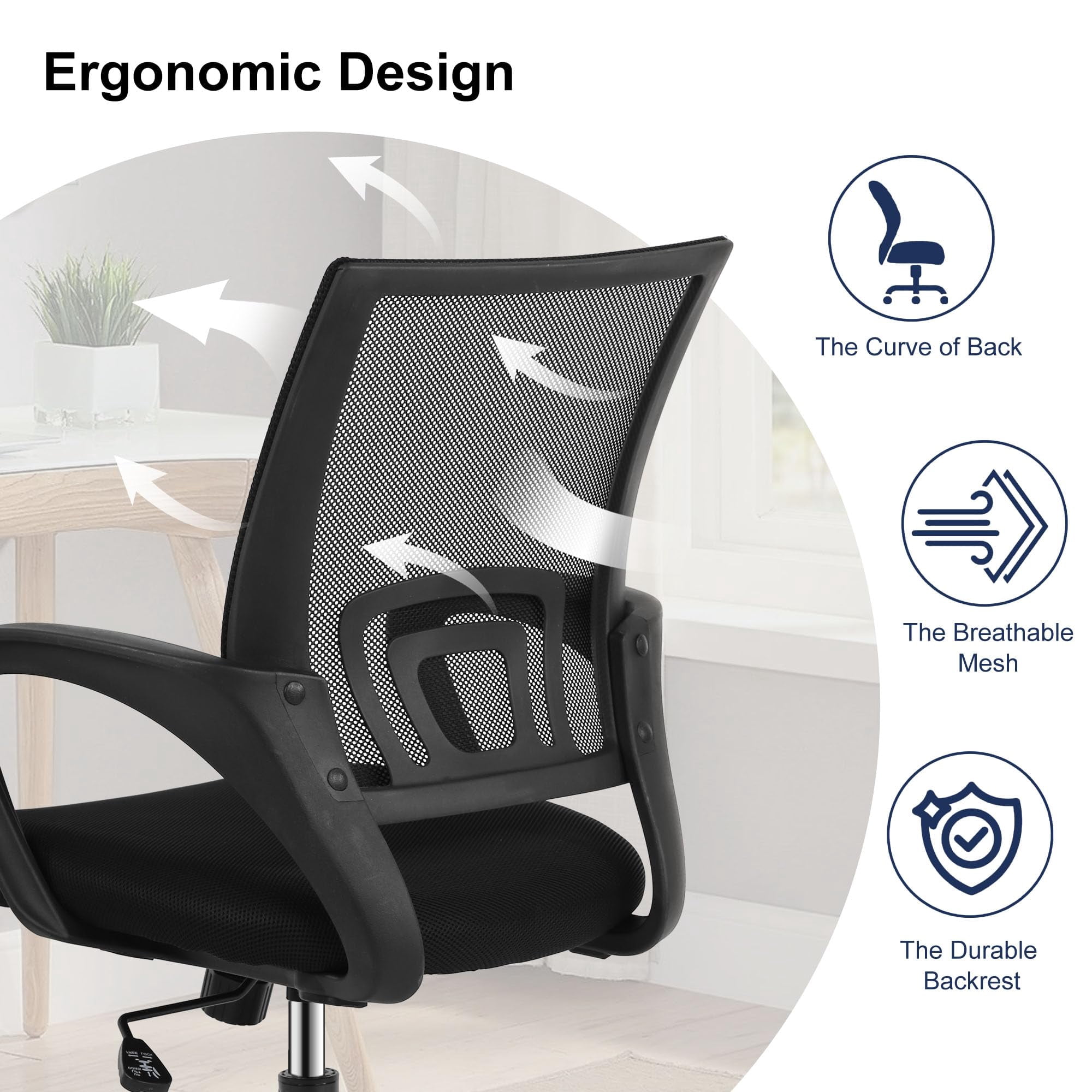CL.HPAHKL Ergonomic Desk Chair, Mid-Back Mesh Office Chair with Wheels, Rolling Swivel Computer Task Chair for Home Office, Fixed Armrests, Tilt & Height Adjustable, Black
