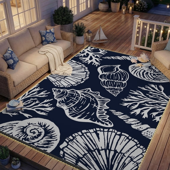 SIXHOME Outdoor Rug with LED Strip Lights 8'x10' Waterproof Patio Rug Reversible Indoor Outdoor Rug Lightweight Plastic Straw Rug for RV Camping Deck Balcony Boho Porch Decor Dark Blue