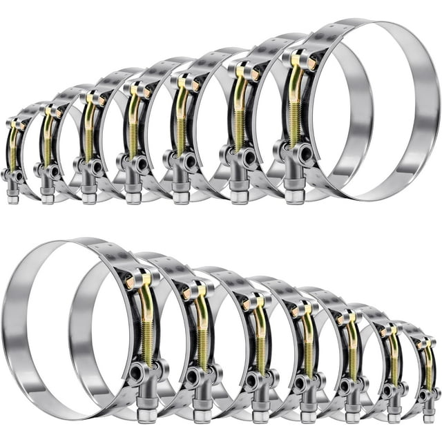 14 Pcs 7 Sizes T-Bolt Hose Clamps, 304 Stainless Steel Turbo Intake Intercooler Clamp,Working Range 32-91mm for 1-3" Hose ID, Radiator Hose Clamps Assortment Set