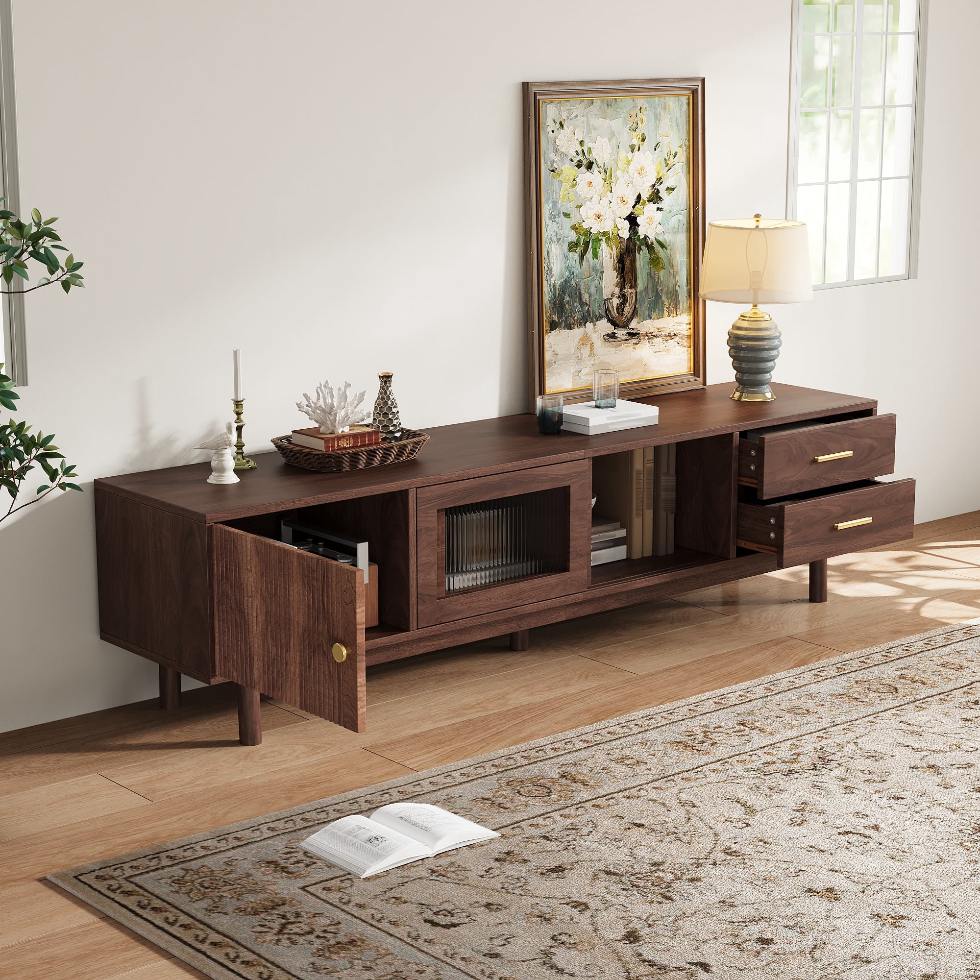 TV Stand for TVs up to 80 Inch, Entertainment Center with Glass Sliding Doors & 2 Drawers, Mid-Century Modern Media Console for Living Room