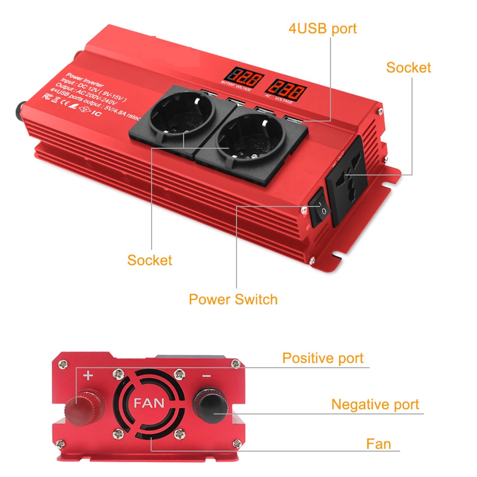 2000W Car Power Inverter 12V to 220 Universal Transformer Converter Solar Inversor ,Safety