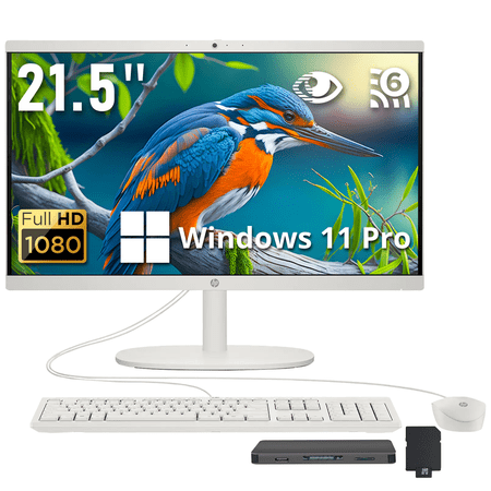 HP 21.5" All-in-One Desktop, Intel Processor N100, 8GB DDR5, 1.128TB Storage (128GB UFS+1TB Dock Station), Intel UHD Graphics, Full HD Anti-glare Display, WiFi 6, Win 11 Pro, Cashmere White