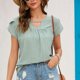 thumbnail image 4 of Las mujeres ahuecan hacia fuera la parte superior de verano casual suelta color sólido manga corta pétalo cuello redondo camiseta blusa verde oscuro L, 4 of 8