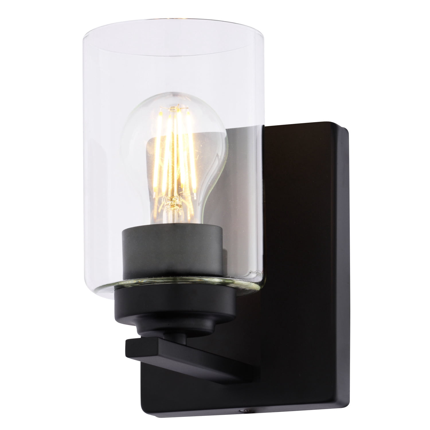 Park Ridge 1-Light 4.75 in. Wide Matte Black Transitional Bathroom Vanity Lighting Fixture, Clear Cylinder Glass Shade, Dimmable, LED Compatible, Over the Mirror Mounted Steel Wall Sconce