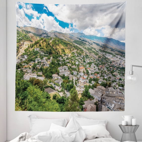 Albania Tapestry, Landscape Photography at the Old City of Gjirokaster with Buildings on Cloudy Day, Fabric Wall Hanging Decor for Bedroom Living Room Dorm, 5 Sizes, Multicolor, by Ambesonne