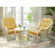 SK New Interiors Malibu Set of 2 Natural ECO Rattan Wicker Chairs w/ Light Brown Cushions and Round Coffee Table, White Wash Color