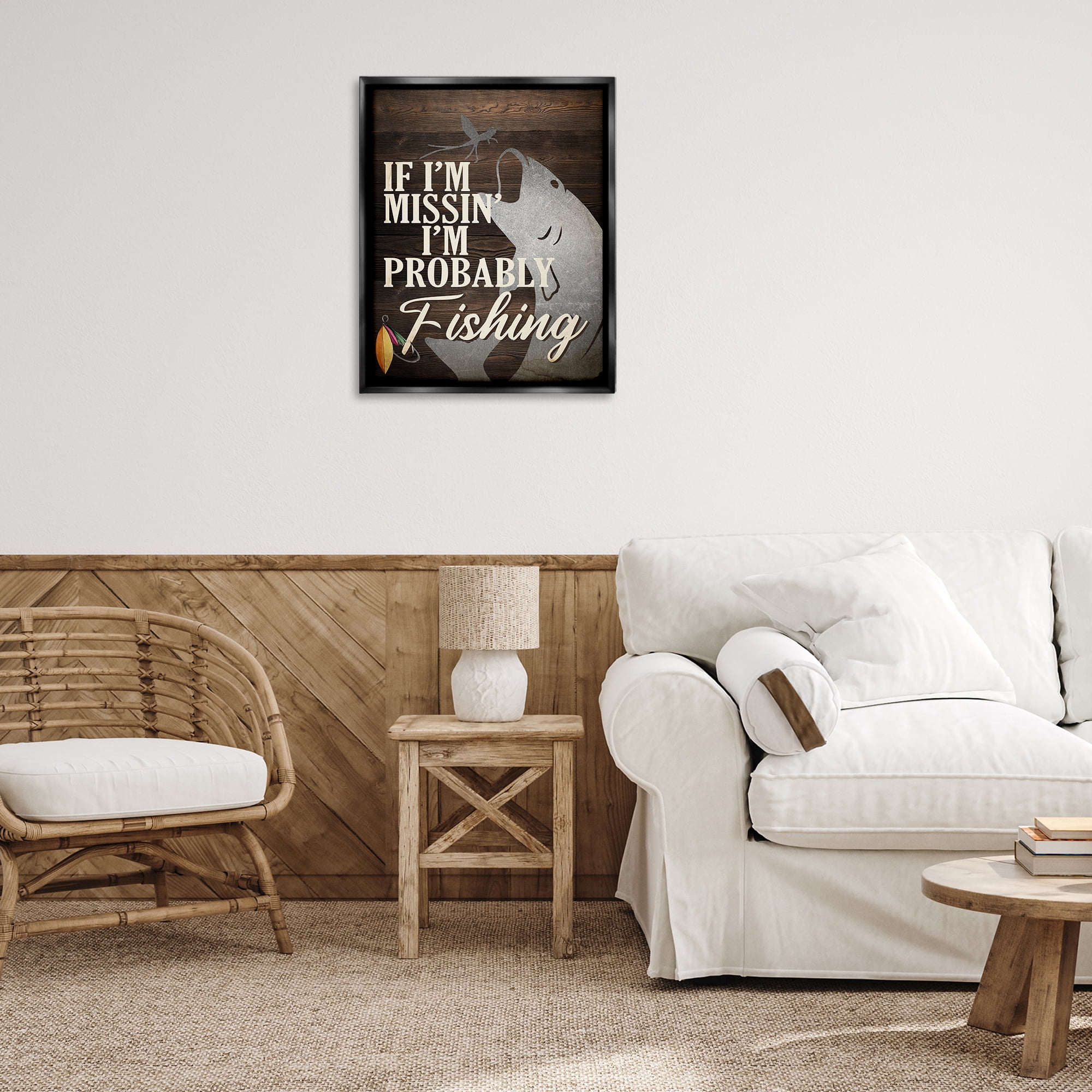 Stupell Industries Rustic Probably Fishing Animals Painting Black Floater Framed Canvas Art Print Wall Art, 25 x 31