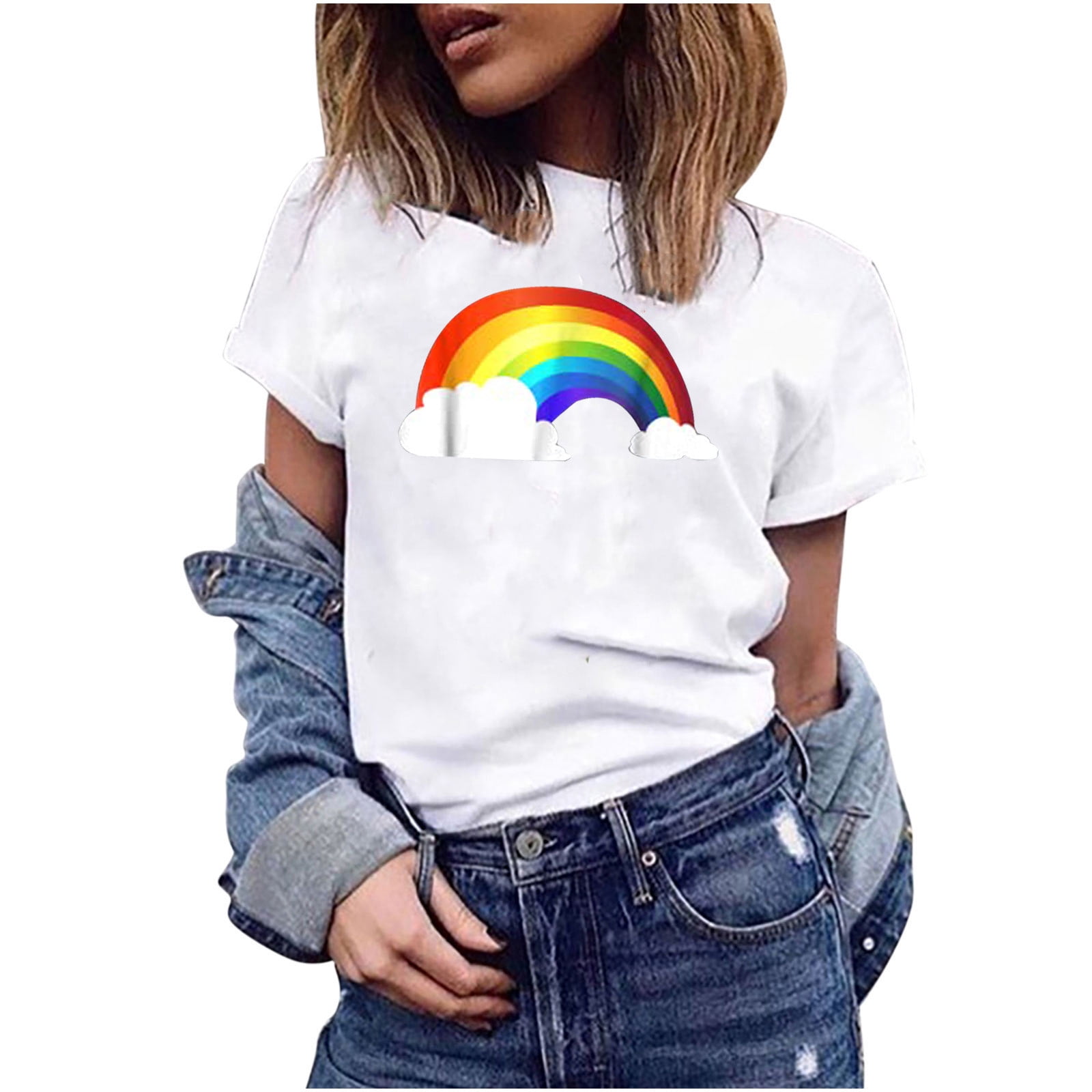 Womens Tops Rainbow Print Harajuku 