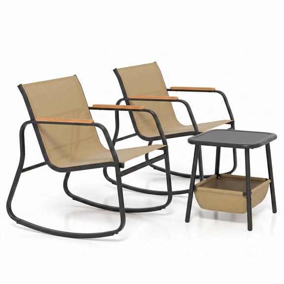 Furnibear 3 Piece Patio Rocking Bistro Conversation Set with Fabric Chairs and Side Table with Storage Basket for Backyard, Brown