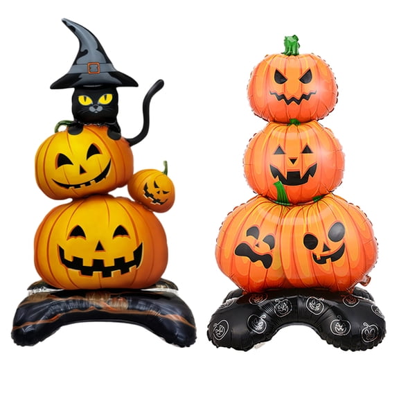 2 Pieces Large Halloween Pumpkin Foil Balloons, Standing Stacked Pumpkins Mylar Balloons Black Cat with Witch Hat Balloon Blow Up Decorations for Halloween Spooky Party Supplies
