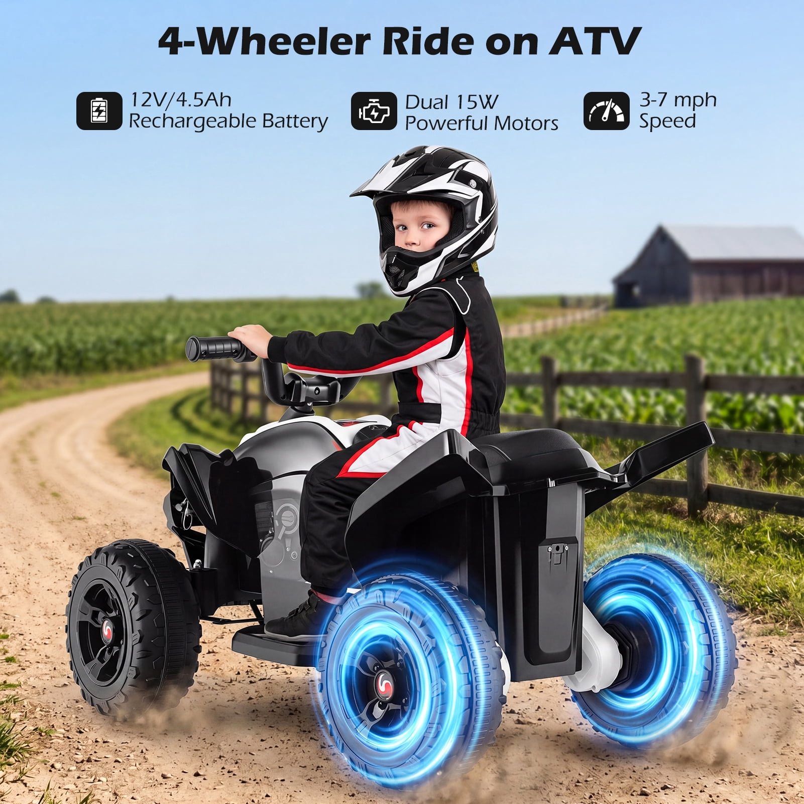 Costway 12V Quad 4 Wheeler Ride on Toy with Music, Light, USB Port, Wireless Connection Black