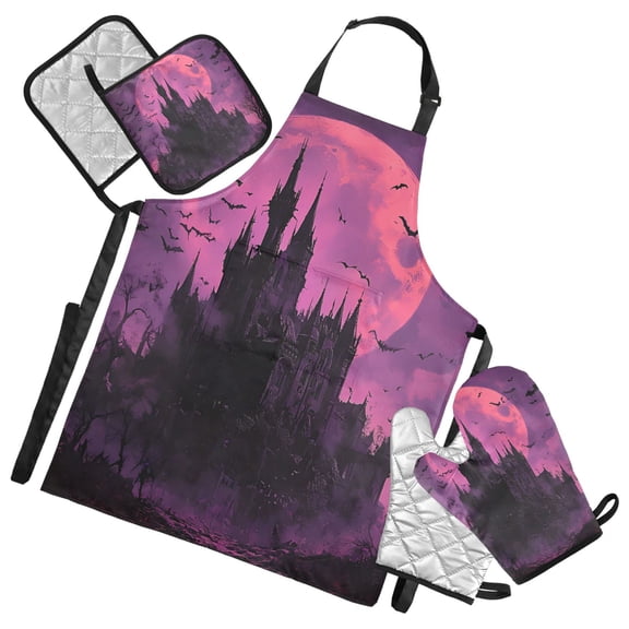 Castle Of Terror 5 Pcs Kitchen Set Heat Resistant Oven Mitts and Non-Slip Pot Holders with Adjustable Cooking Apron