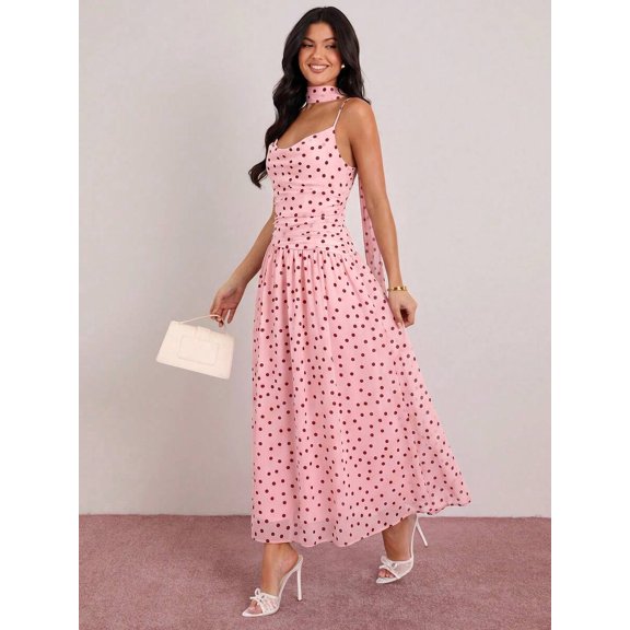 Pink Polka Dot Sleeveless Cinched Waist Maxi Dress With Choker Detail For Women