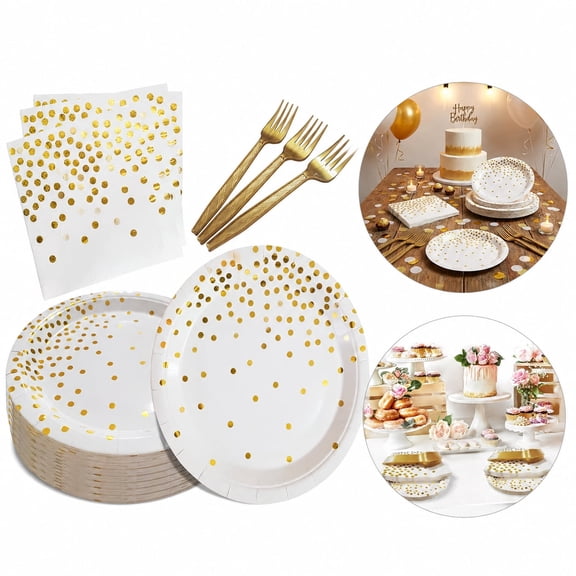 105 PCS White Gold Paper Plates and Napkins Set, Disposable Gold Dot Party Supplies for Birthday, Wedding, Anniversary, Dessert Table and Celebration Events