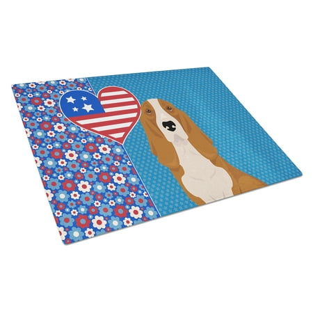 

Red and White Tricolor Basset Hound Glass Cutting Board Large 12 in x 15 in