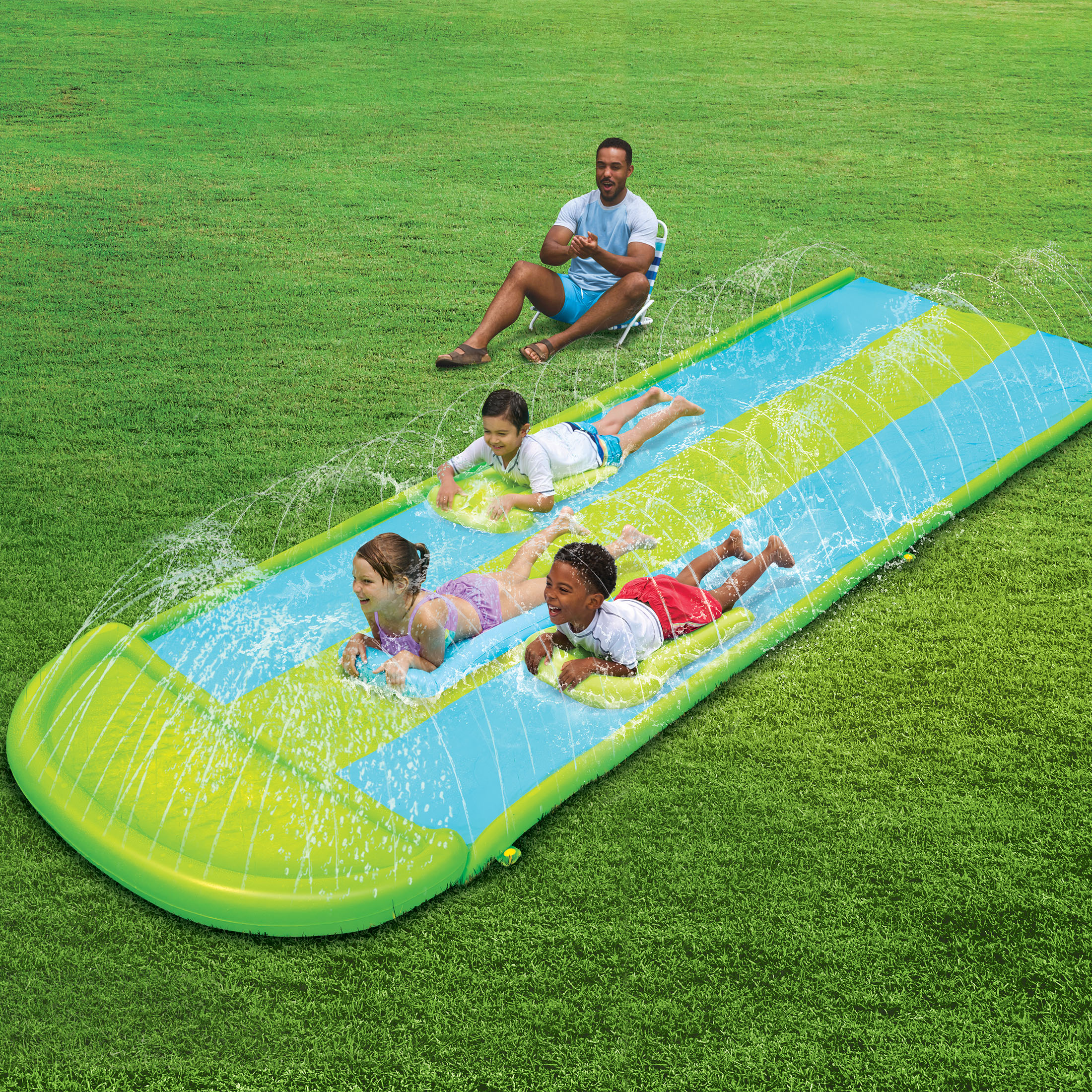 Bluescape Triple-Lane Water Slide + (3) Inflatable Boogie Boards for Summer Water Play for Toddlers & Children Age 2+