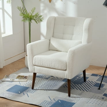 Modern Accent Chair,Teddy Fabric Living Room Chairs Comfy Reading Chair,Mid Century Accent Chair, Lounge Arm Chairs Armchair for Living Room Bedroom,White