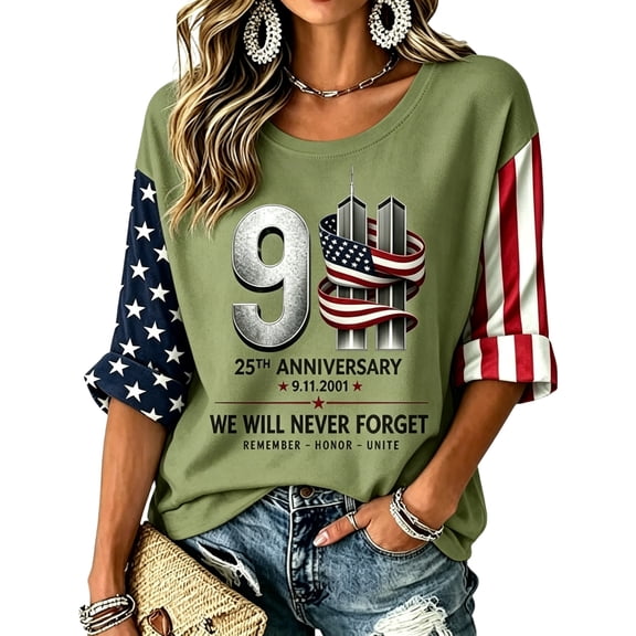 Womens 9/11 25th Anniversary Shirt 3/4 Sleeve Patriotic T Shirts | Never Forget 911 Memorial Shirt,Loose Crew Neck Graphic T-Shirt,Printed American Flag T-shirt,Casual Tee Tops, 3XL