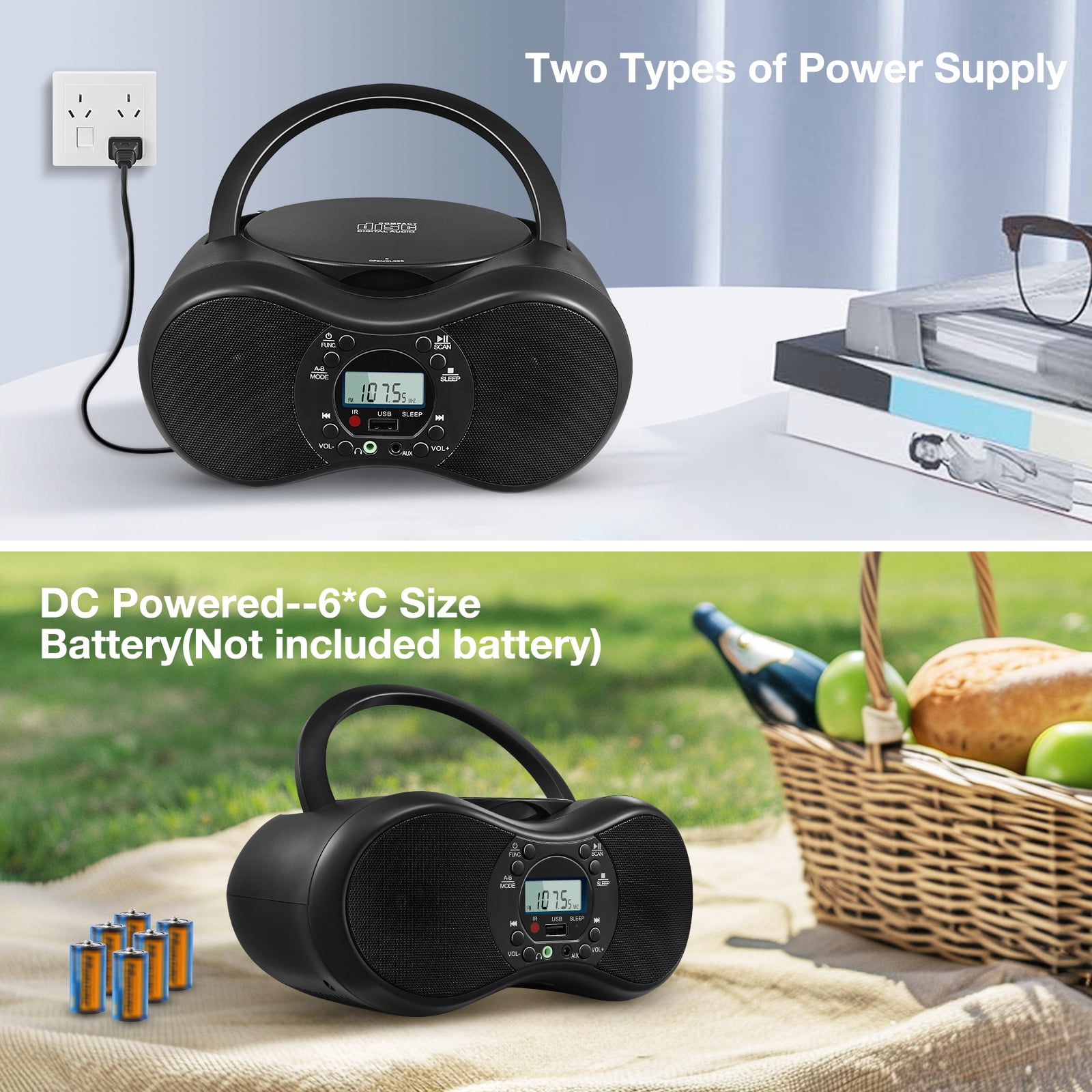 Portable CD Player Boombox with FM Radio, Bluetooth, and USB Port ,Stereo Sound with Remote Control,CD-R/RW and MP3 CDs Compatible,3.5mm Aux Input and Headphone Jack.