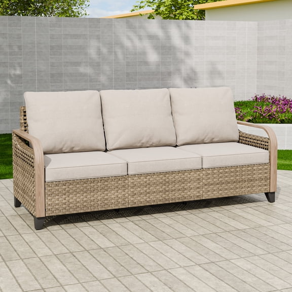EAGLE PEAK 3 Seat Wicker Outdoor Patio Sofa, Outdoor Furniture Loveseat Sofa with Cushions, Outdoor Couch for Backyard, Deck, Porch, Brown/Gray