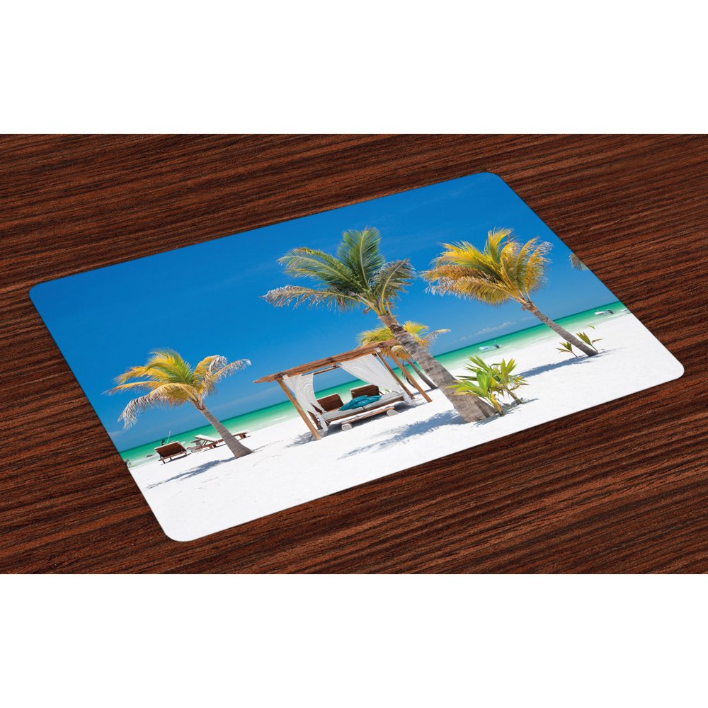 Tropical Placemats Set of 4 Beach Beds among Palm Trees Paradise Coast Holiday Summer Ocean