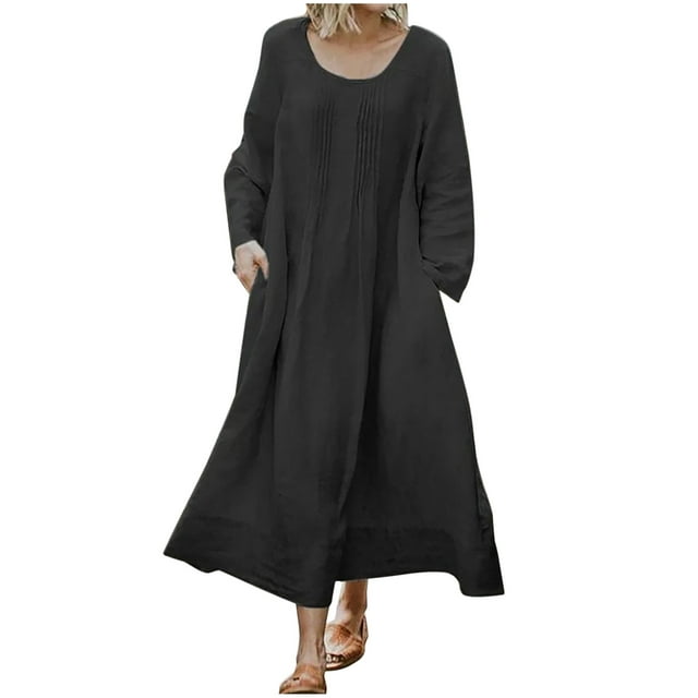 yoeyez Robes d'Été en Lin pour Femmes, Robe Unie à Col Rond avec Poches, Manches Longues, Décontractée, Grande Taille, Noire, 2TG