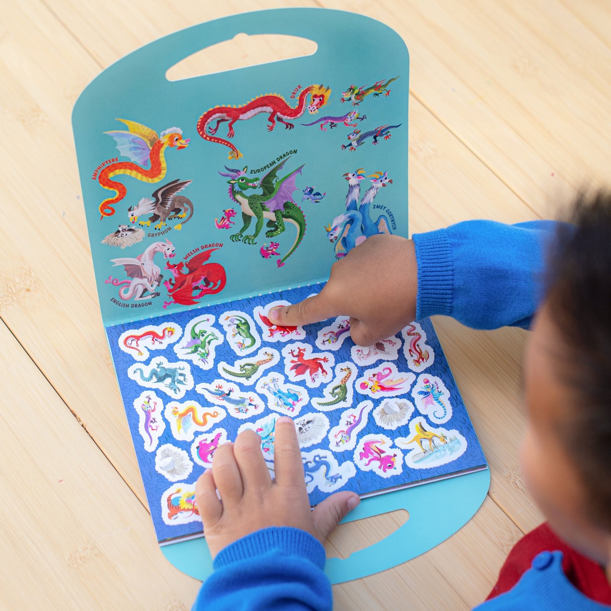 eeBoo: Dragon Shiny Sticker Book - 200+ Sparkling Fantasy Stickers, 3 Sizes: Little-Big-Very Big, Carry Handle, Various Mythical Versions, Kids 3+