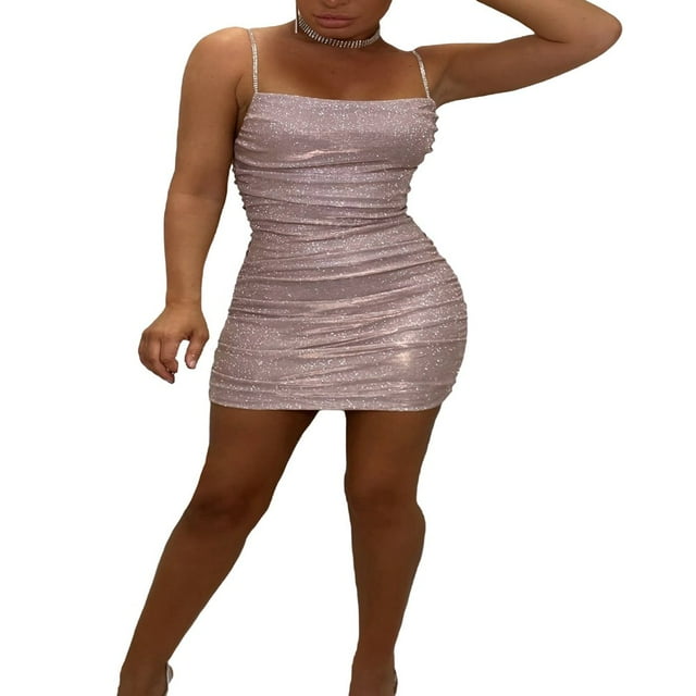 Robe à Paillettes pour Femmes Bretelles Spaghetti Robe de Soirée Moulante Dos Nu Mini Robe de Soirée Clubwear Rose L
