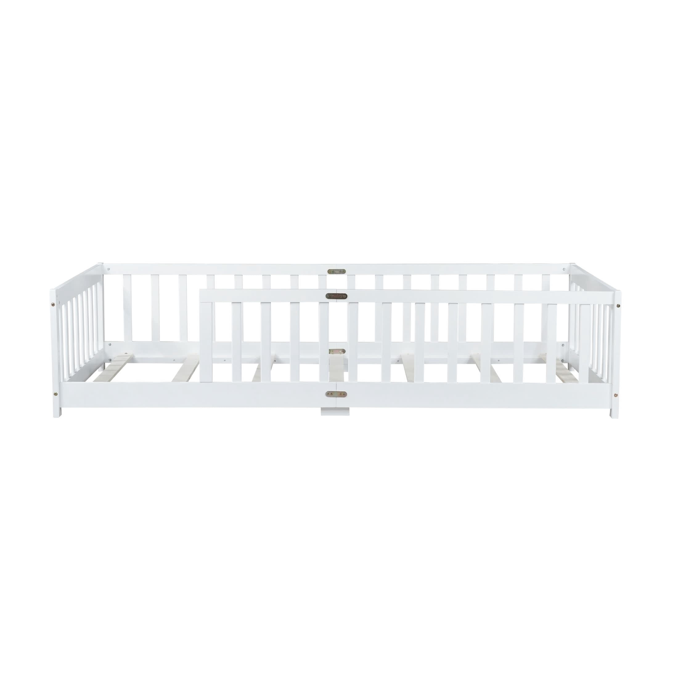 Noble House Erika Twin Floor Bed with Safety Fence, Rubber Wood Montessori Bed Frame, Kid's Room, White