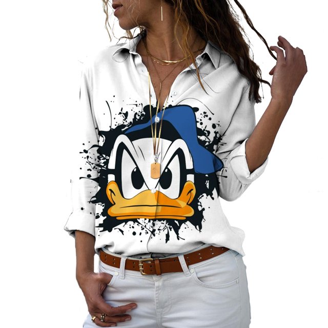 Disney-Camiseta de manga larga con botones para mujer, camisa informal con solapa y estampado 3D de Mickey, Minnie, Pato Donald, estilo Harajuku, y2k, novedad de 2022
