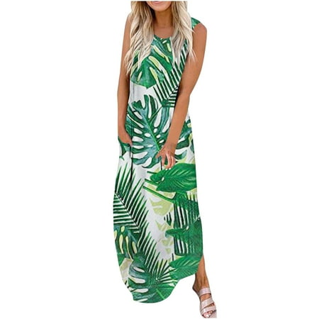 

YanHoo Women s Summer Casual Long Dress Boho Printed Pockets Dress Sleeveless Plus Size Maxi Dress