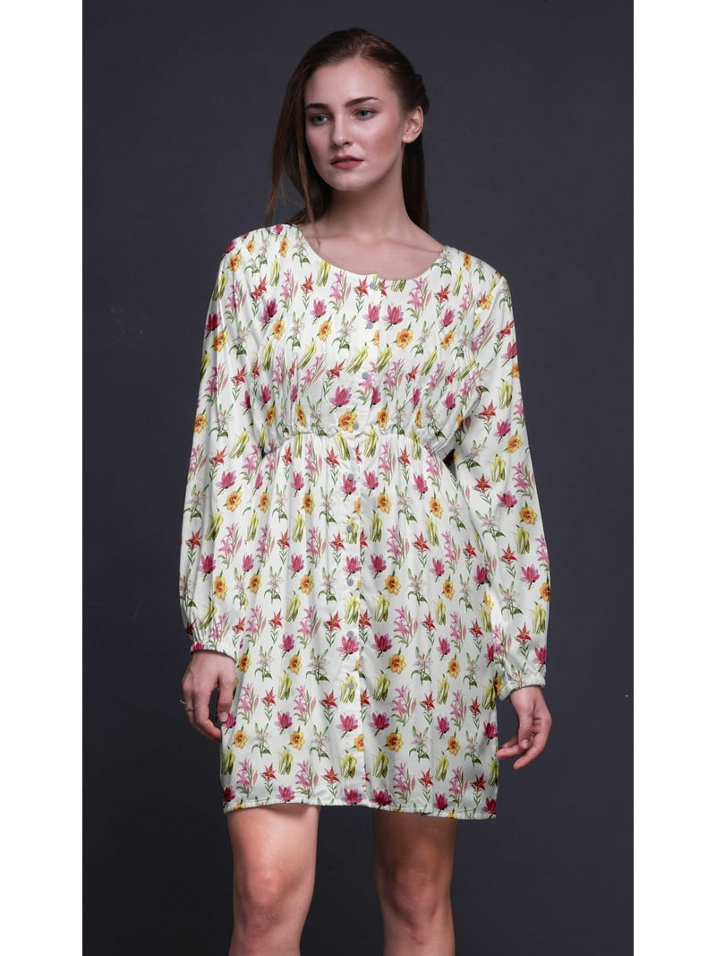 Bimba White Lily & Lotus Floral Button Down Midi Dress Women Tunic Long  Sleeve Smocked Top-X-small - Walmart.com