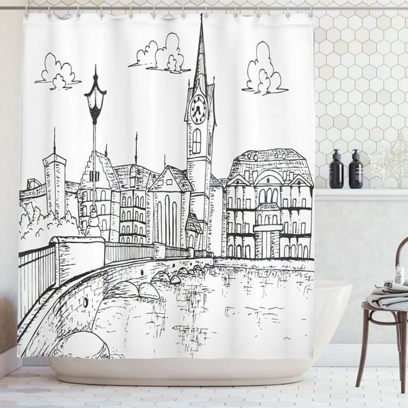 Ambesonne Switzerland Shower Curtain, Sketch Style Zurich, 69"Wx75"L, Charcoal Grey White