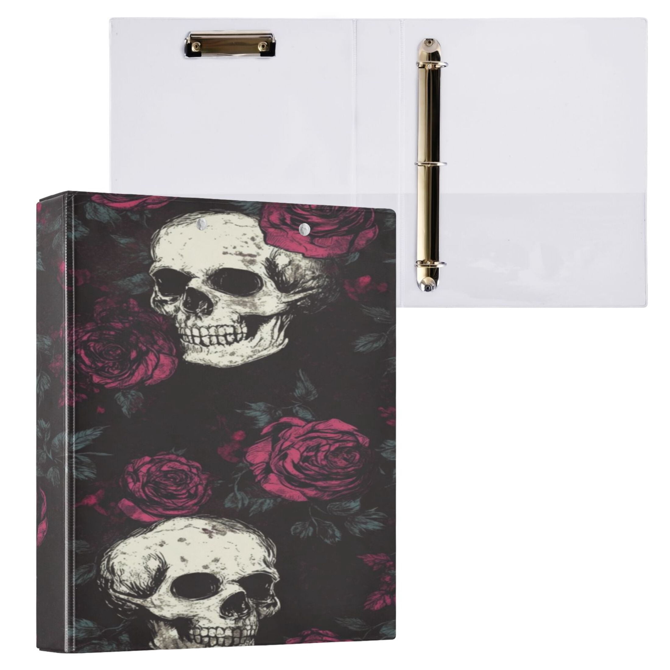 WOBOGO Skull Burgundy Roses Pattern File Folders Extra Large Capacity to Hold 200 Sheets of Documents Hard Shell Ring Binder for School Home Office