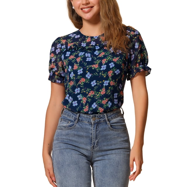 INSPIRAR CHIC Blusas de Chifón para Mujeres con Mangas Cortas, Con Volantes, Florales, para Trabajo Oficina, Talla L, Azul Oscuro