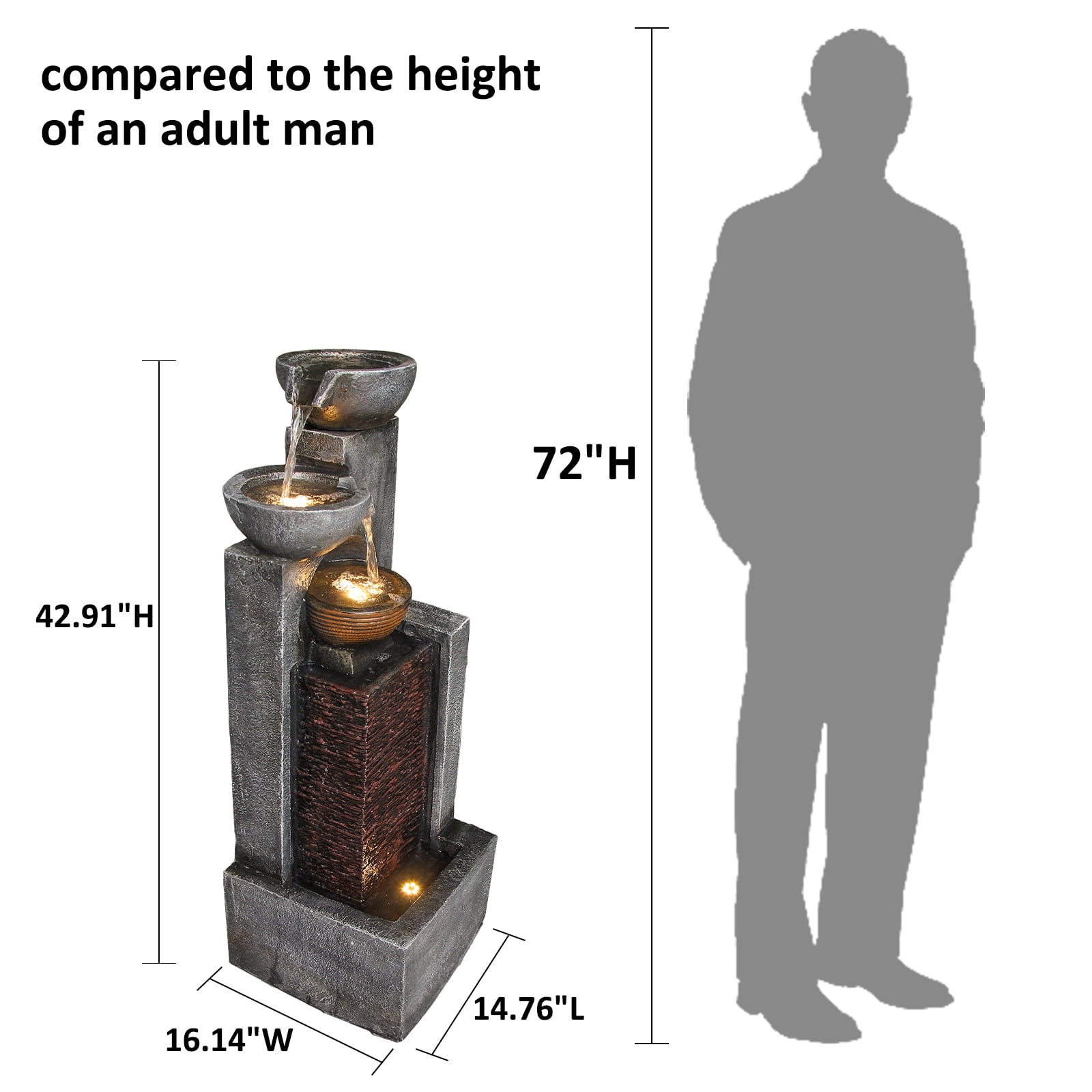 42.91" H Water Fountain Outdoor Garden Waterfall Fountains Indoor Bowl Cascading Water Feature with Led Lights 4-Tier for Home Deck Patio Porch Yard Decor