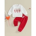 thumbnail image 2 of Suealasg Toddler Boys Girls Valentines Day Pants Set 2-piece Baby Boys Girls Clothes Spring Long Sleeve Crew Neck Embroidery Letters Sweatshirt +Elastic Waist Pants, 2 of 9