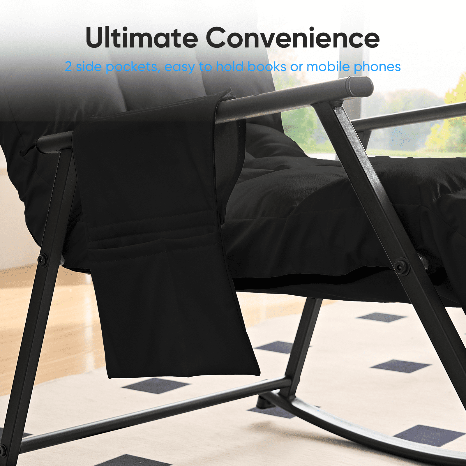 BALUS Rocking Chair, Leather Nursery Recliner with Adjustable Backrest & Footrest, Side Pockets, Modern Living Room Seating Space-Saving Design, Black
